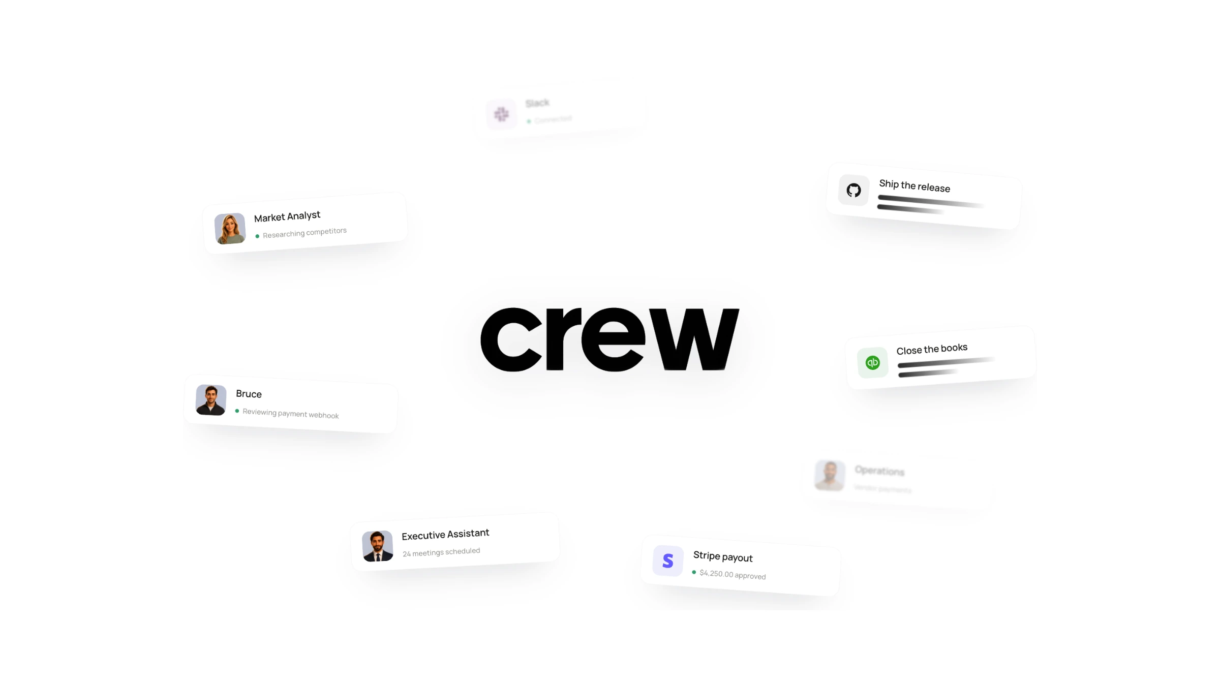 The Crew wordmark, surrounded by cards showing AI employees at work and the tools they are connected to.