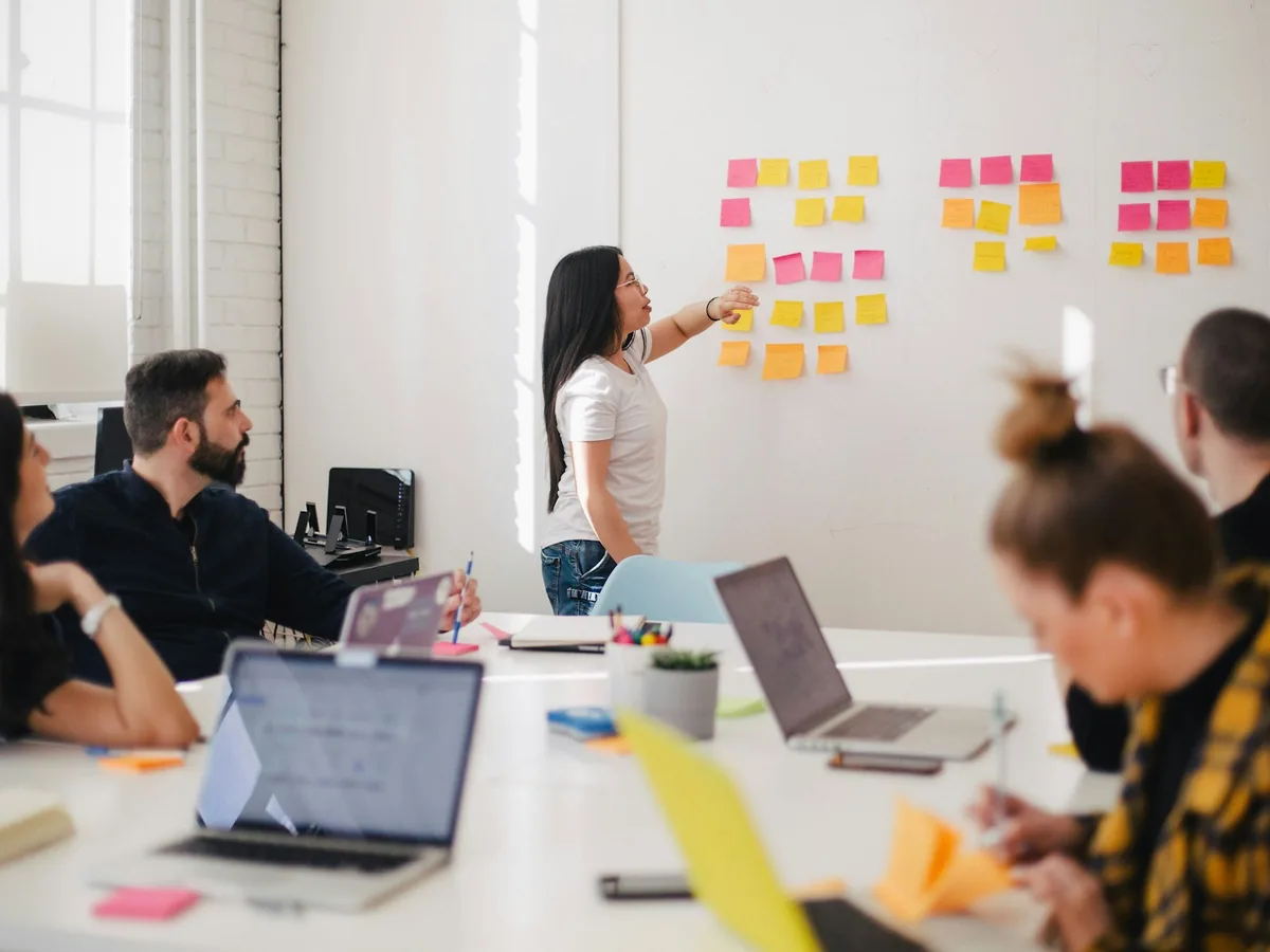 A team planning against a wall of notes.